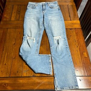 Zara straight leg full length split seam light wash ripped denim jeans